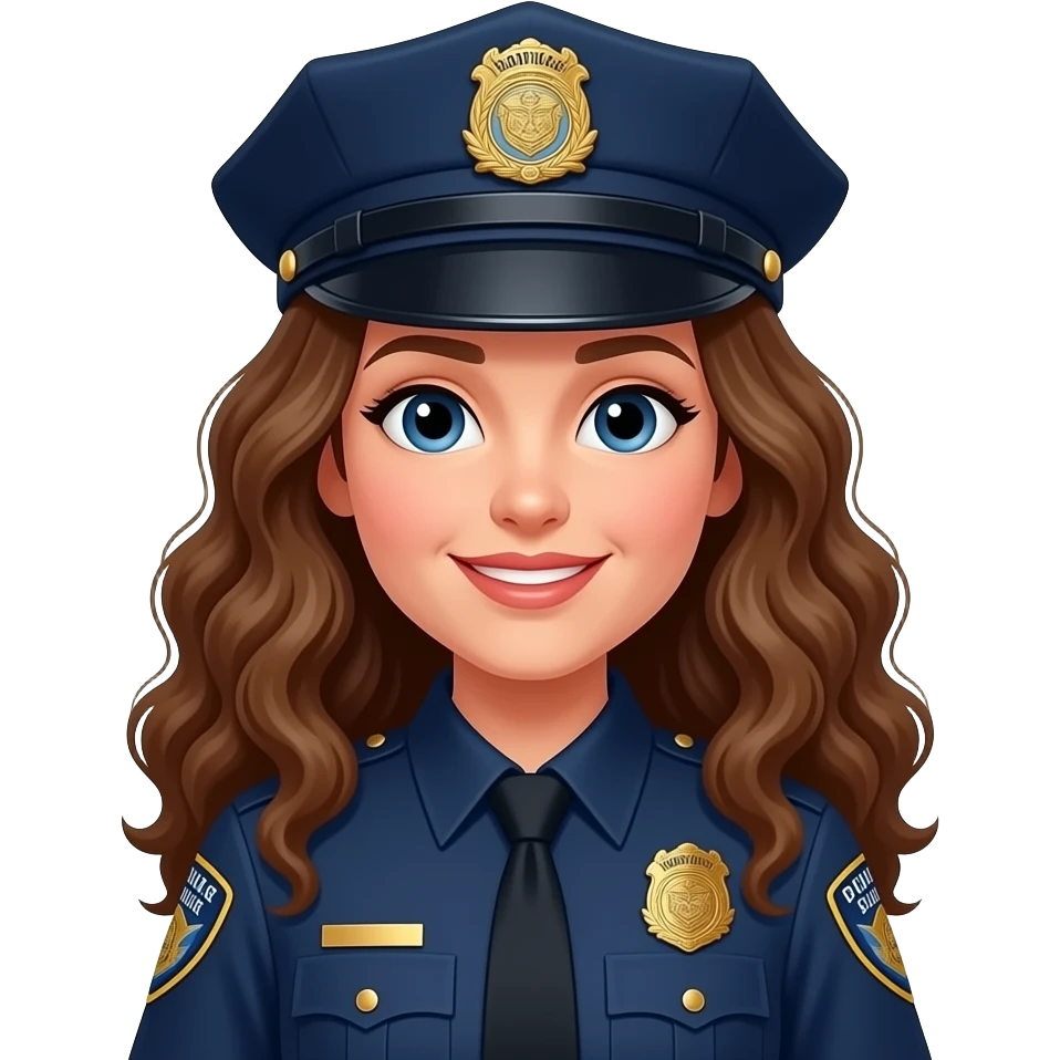 police woman, brown curly long hair, wear hat emoji