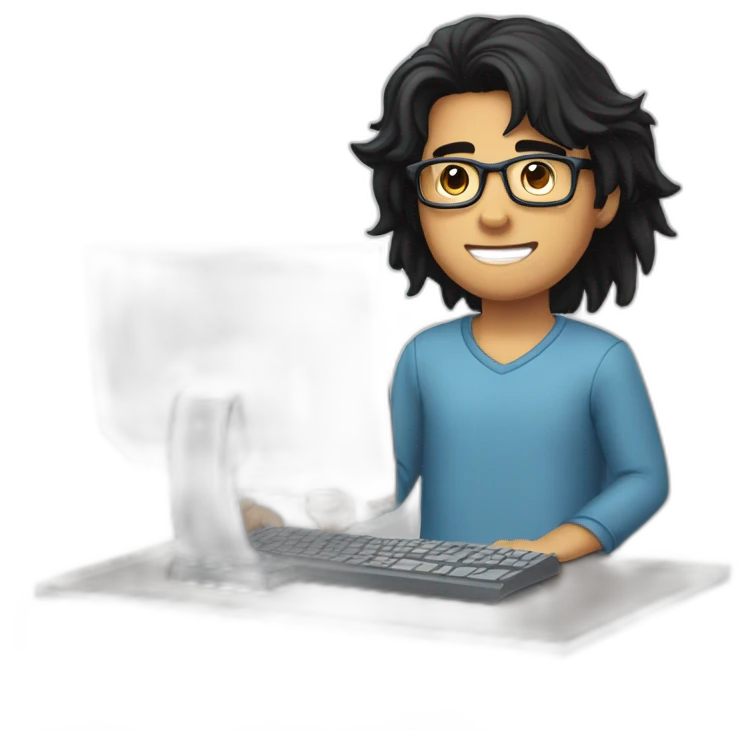 a young man with long black hair, with goatee, wearing glasses sitting with a computer, his arms up,cheering emoji