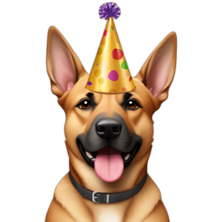 German shepherd tan Pitt bull ears mixed dog wearing birthday hat emoji