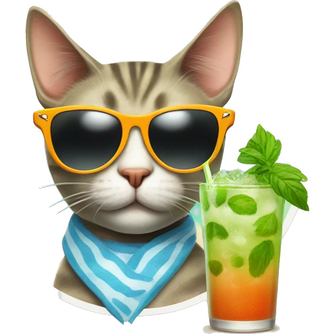 cat wearing a sunglass drinking mojito at thr beach emoji