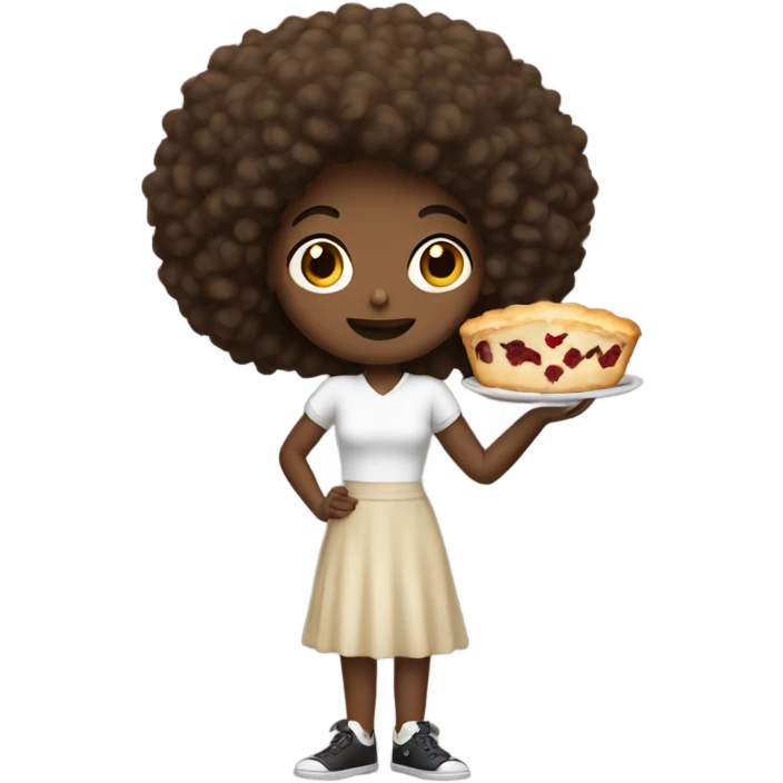 White girl with Afro holding pie emoji