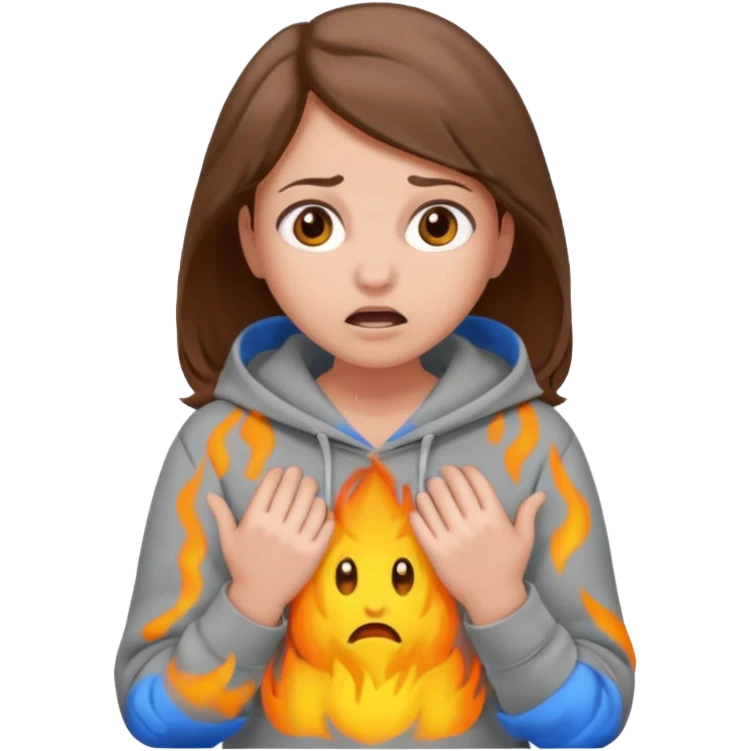 Chica grande  asustada de cuerpo completo con pelo castaño pantalones grises y hoodie gris  emoji