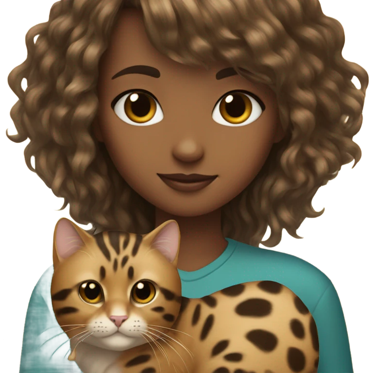 A girl with bangs holding a Bengal leopard cat emoji