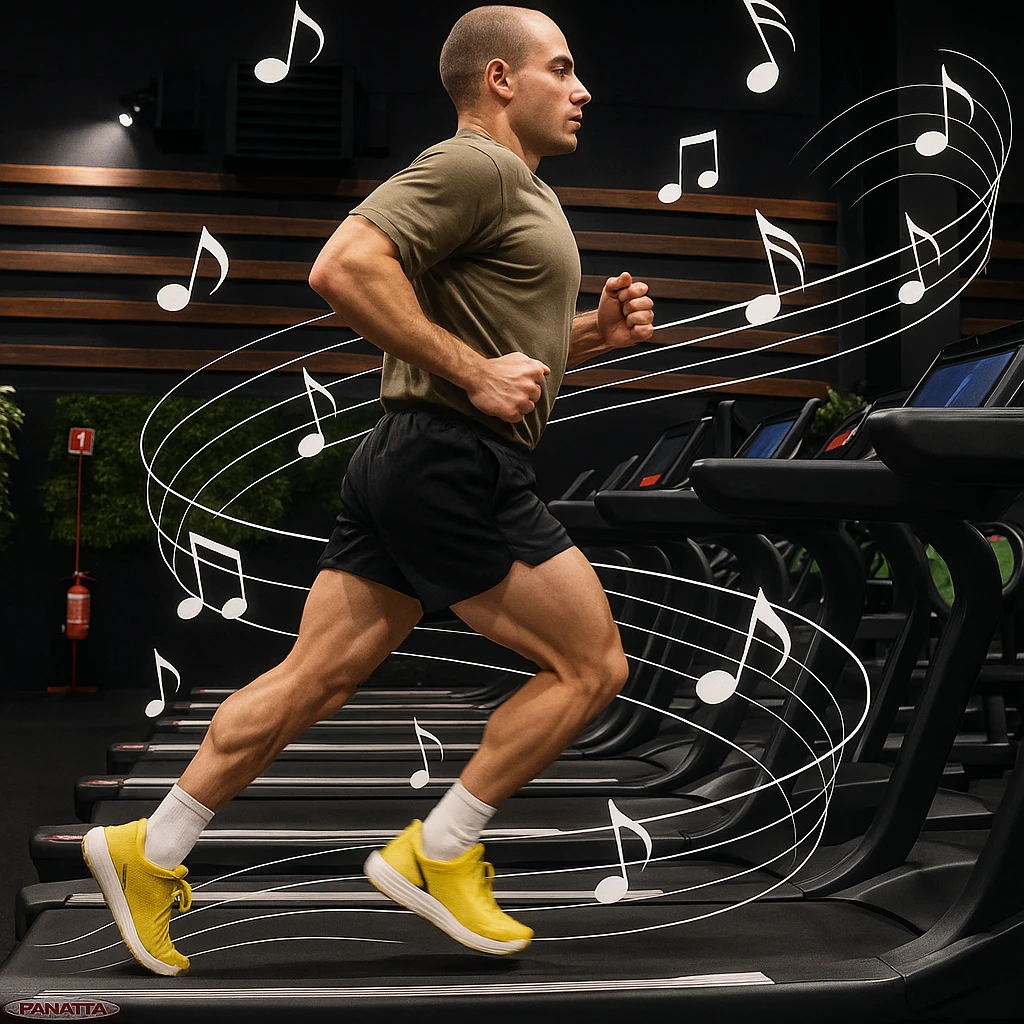 Enhance the image of a man running on a treadmill by adding a visual effect that suggests rhythm and movement, such as dynamic lines or musical notes accompanying his steps. The style should be realistic, inspired by the photo provided. emoji