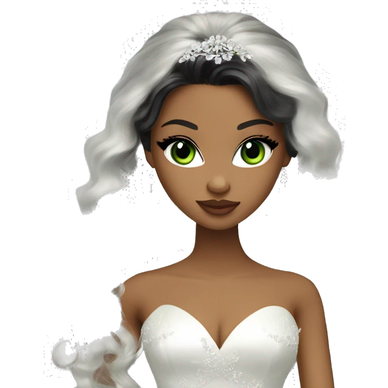Bratz, bride, black wavy long hair, olive skin, green almond cat eyes emoji