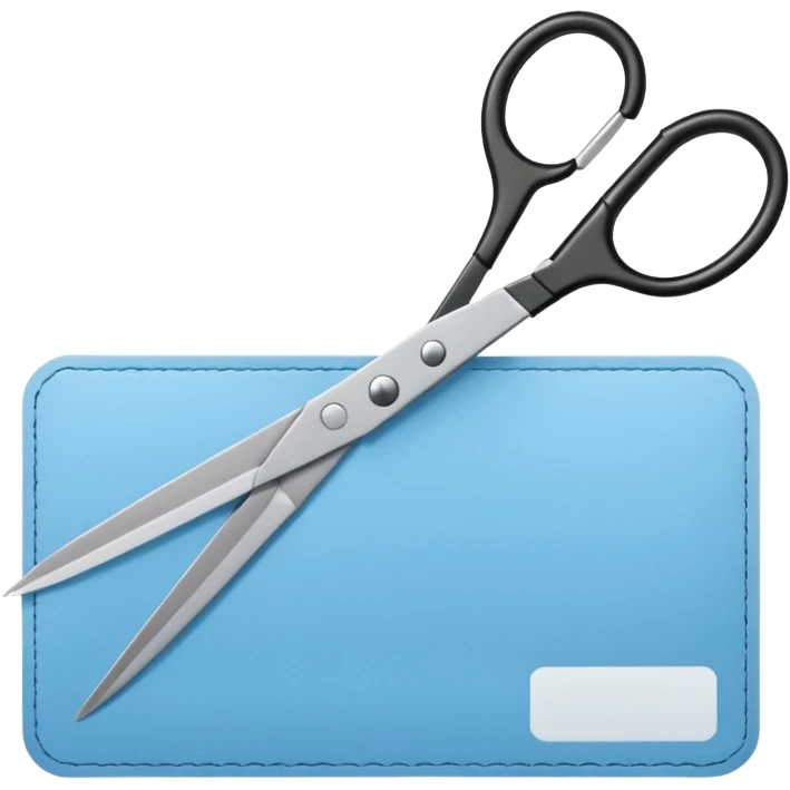 Floating black Scissors cutting a light blue military ID card in 2 parts .hyper realistic emoji