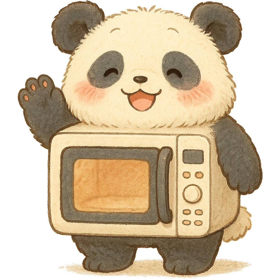 chibi-style microwave oven transformed into a soft, fluffy panda, blushing and waving happily, soft pastel colors, full-body emoji