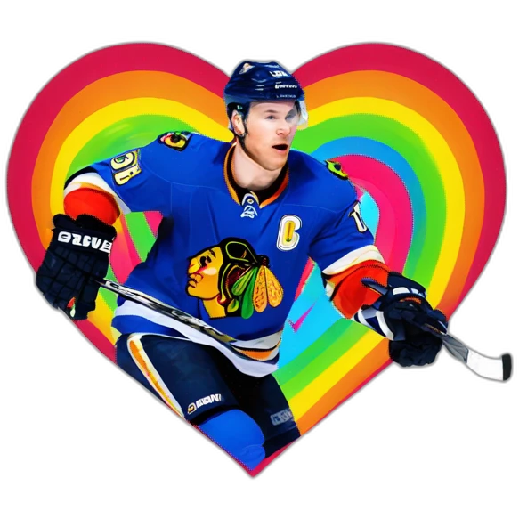 Jonathan Toews inside a rainbow heart emoji