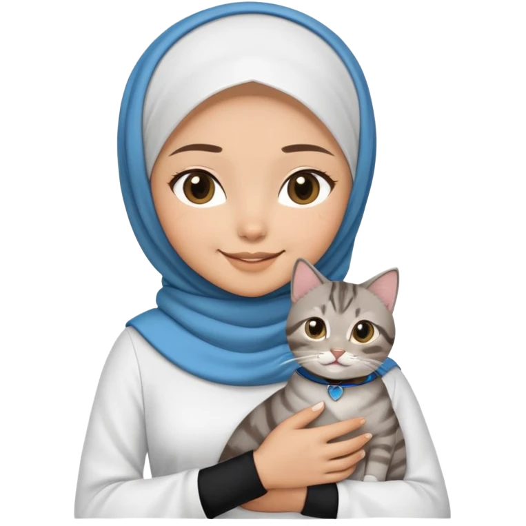 Asian White girl wearing hijab and white dress holding a black grey tabby cat while smiling.  The cat is wearing a blue collar emoji