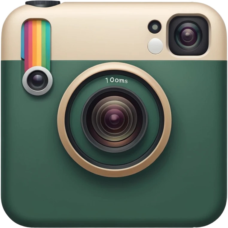 Instagram logo in iOS style, dark green base with light beige accents, square with rounded corners, large camera lens, minimalism, no other colors emoji