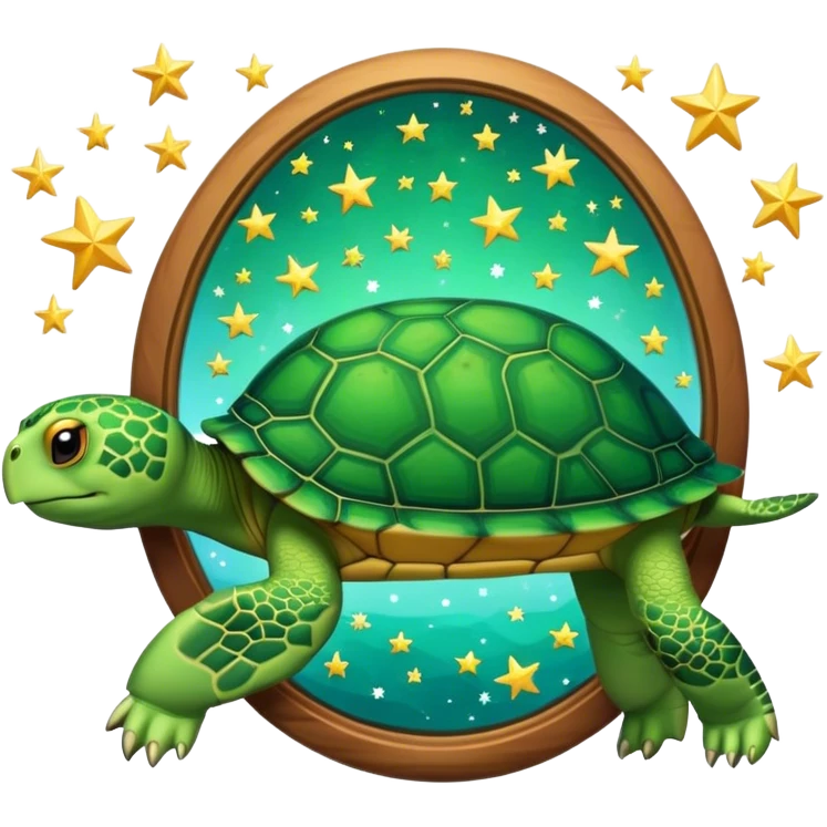 Turtle reflection in a mirror with stars emoji