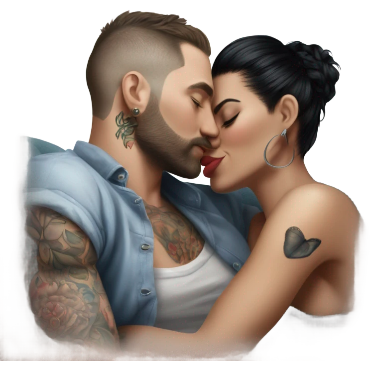 Hyper Realistic beautiful woman in the arms of a very handsome tattooed man kissing on a sofa emoji