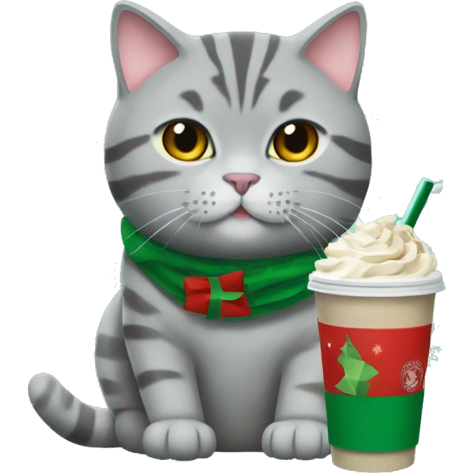 Grey tabby british shorthair cat drinking a starbucks holiday drink emoji