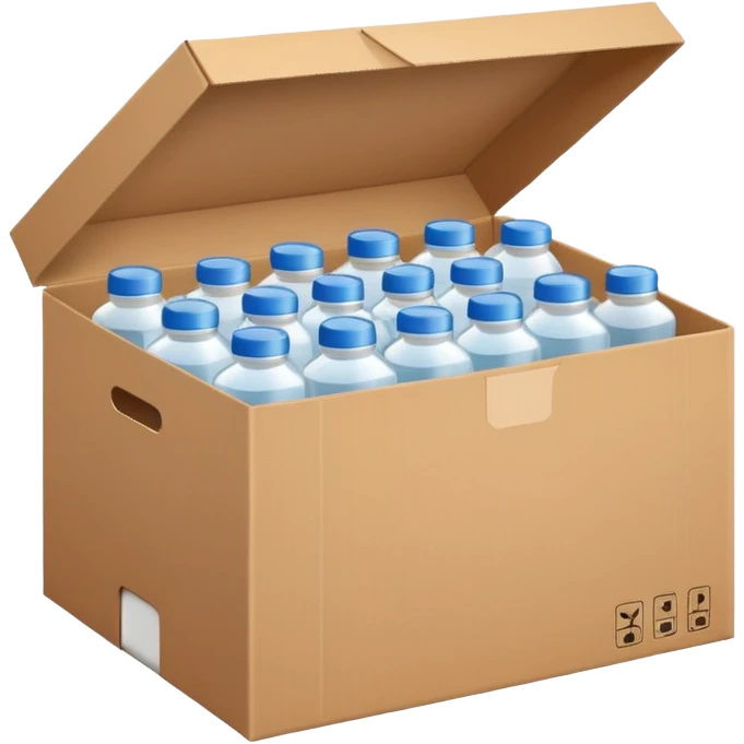 white transparent plastic bottles popping out of a delivery cardboard box emoji