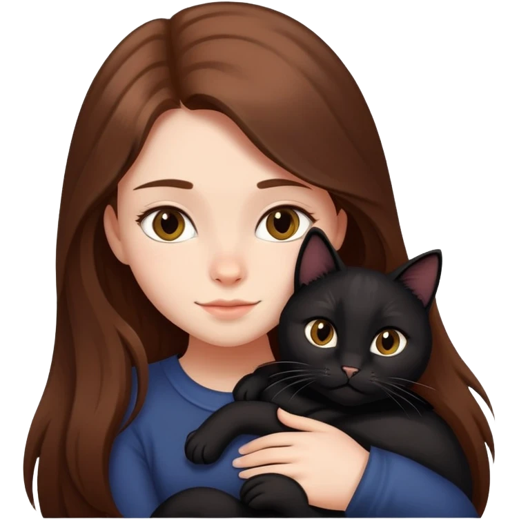 A girl with long brown hair hugs a black cat tightly emoji