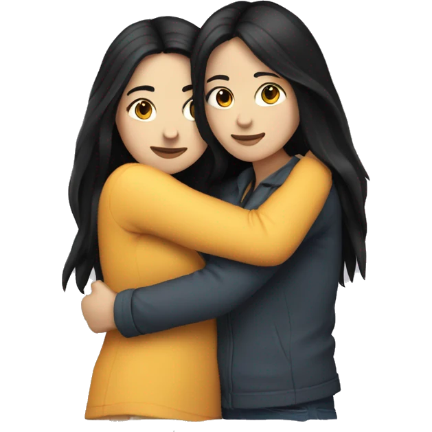 A lesbian couple with white skin and long black hair hugging intimately emoji