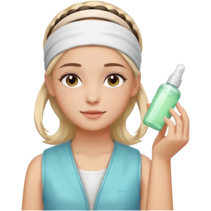 Clean girl aesthetic emoticons, apply skincare products, headband, glowing skin, vest, soft lighting
 emoji