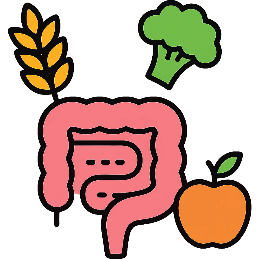 Dietary fiber icon with a stylized intestine and various fiber sources like grains, vegetables and fruits arranged around it, showing fiber's journey through the digestive system emoji