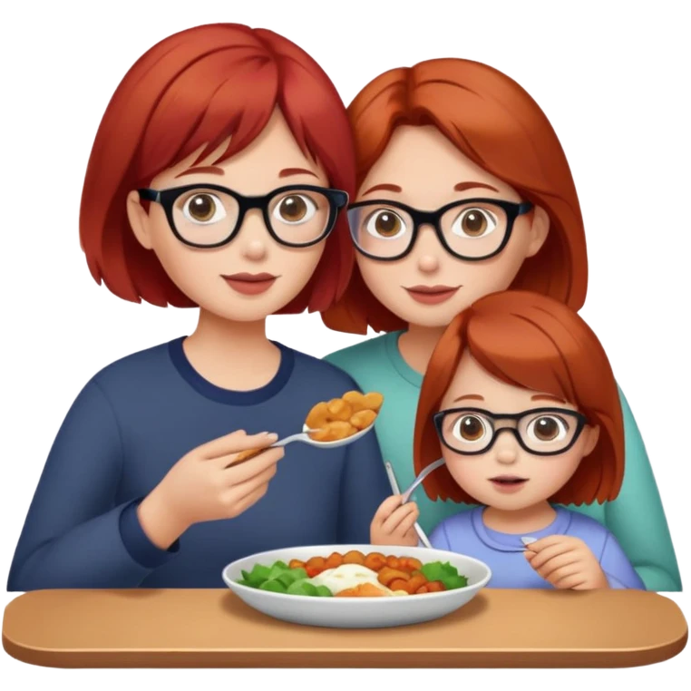 Mutter rote kurze haare mit Brille und Tochter lange braune Haare am Essen emoji