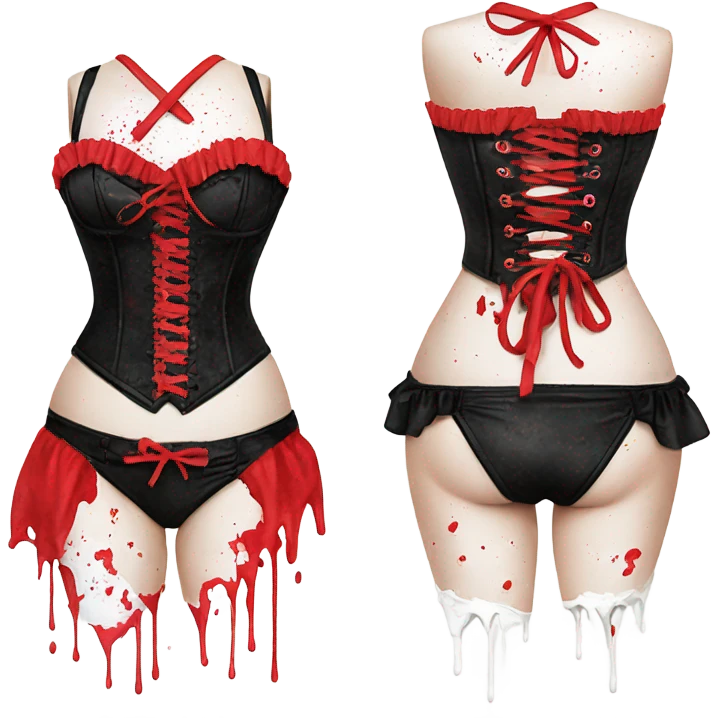 Red and black corset top with bikini bottom splattered with white paint  emoji