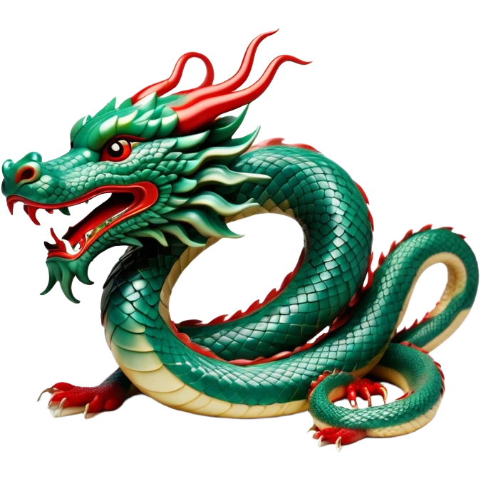 Cinematic Noble Chinese Serpent Dragon Portrait Emoji, Poised and majestic, with a sinuous, serpentine body adorned in intricately detailed scales of shimmering jade and soft vermilion, accented by delicate cloud motifs and subtle water ripple patterns; rendered with lifelike texture and gentle natural highlights, high shine, wise and enigmatic, styled with an aura of ancient dynastic grace, focused and regal, soft glowing outline, capturing the essence of a revered celestial dragon that appears ready to glide gracefully through the mists of time! emoji