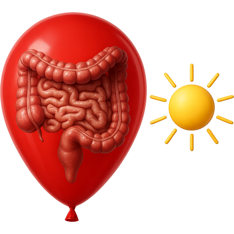 intestino umano anatomico chiuso in un palloncino rosso che simboleggia gonfiore, accanto un simbolo di sole che simboleggia "gonfiori di mattina", iperrealistico 4k emoji