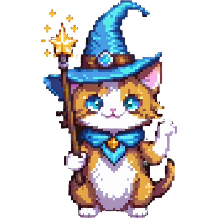wizard cat with a pointy hat and magic wand emoji