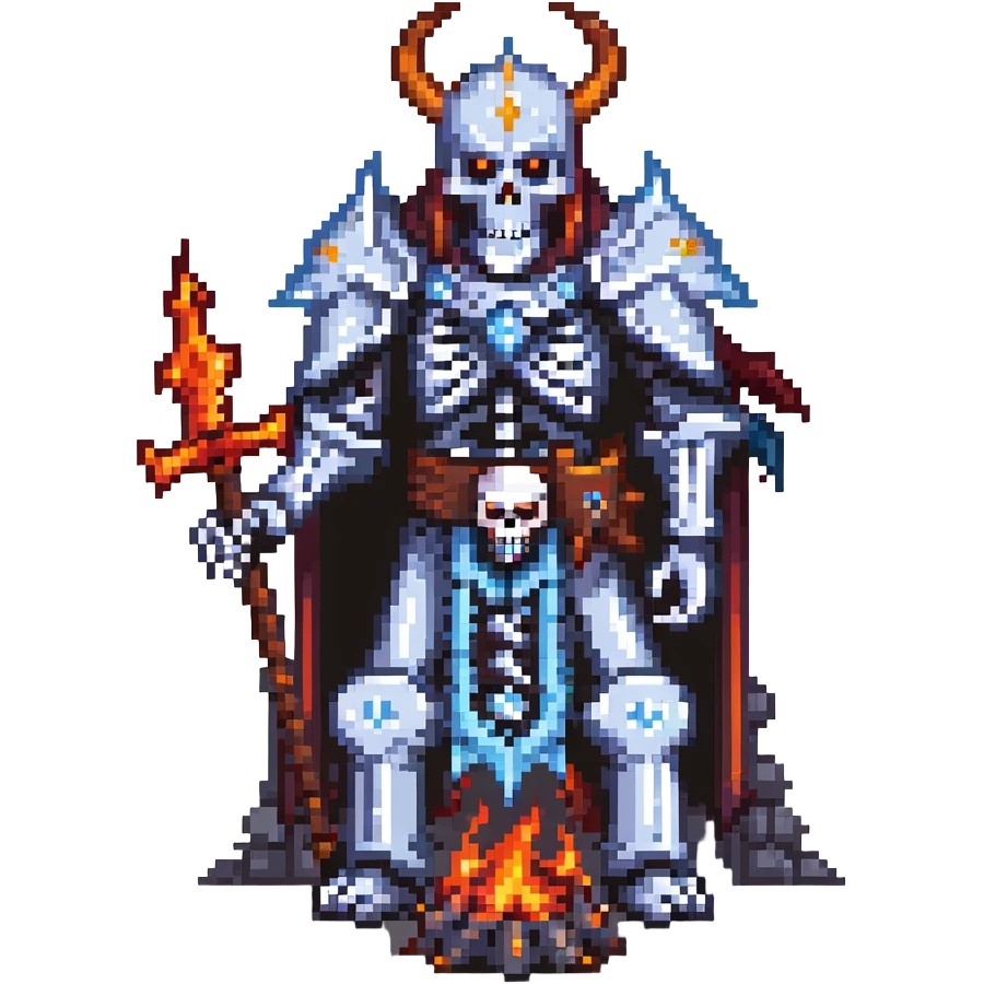 evil skeleton lich king in dark fortress with demonic fire emoji