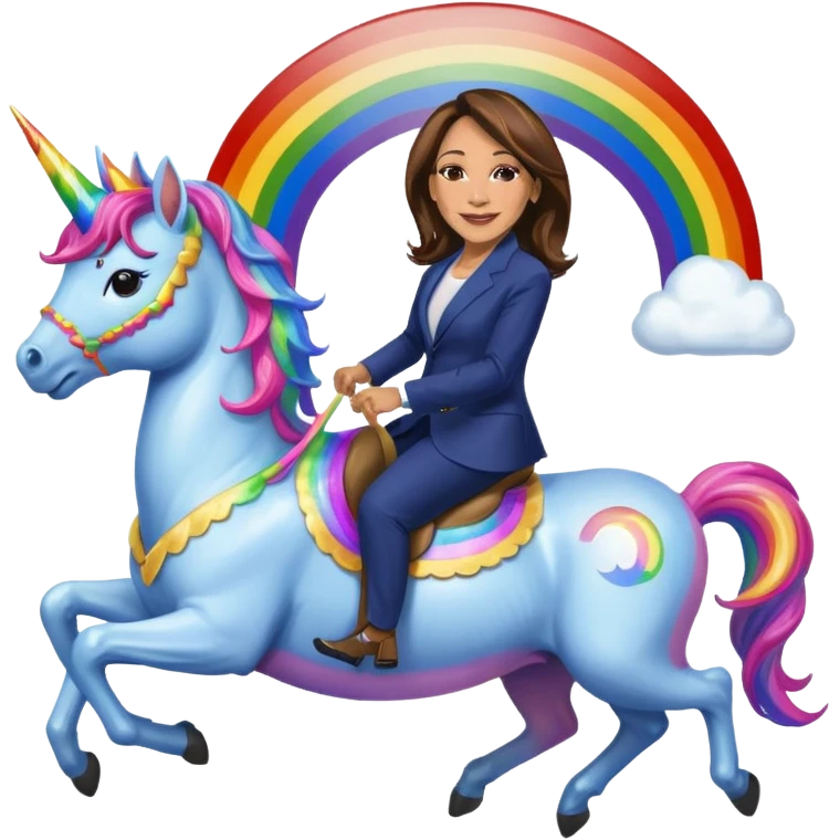 Kamala Harris and donald trump riding a rainbow unicorn emoji