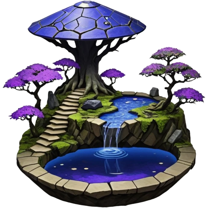 Crashed Alien saucer pool-castle jungle winding footpath mountainside getaway haunted nighttime landscape antique mudman very old broken cracked intricate Stone Age lapis-crusted irregular dodecagon-shaped shallow dark moss rough bark violet flowered maple tree bonsai emoji