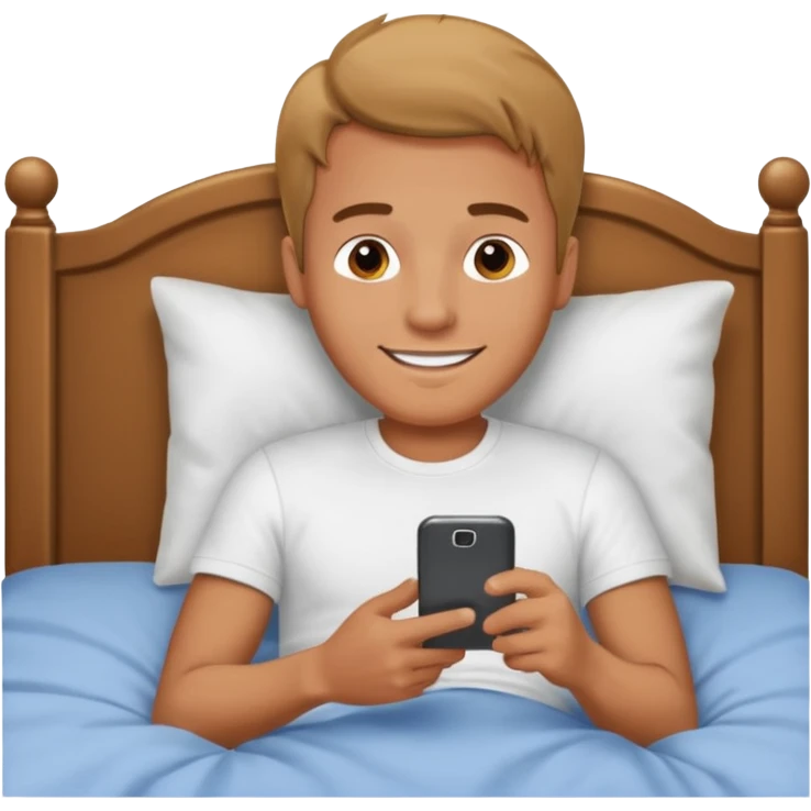 Man emoji lying in bed smiling and looking at his phone emoji