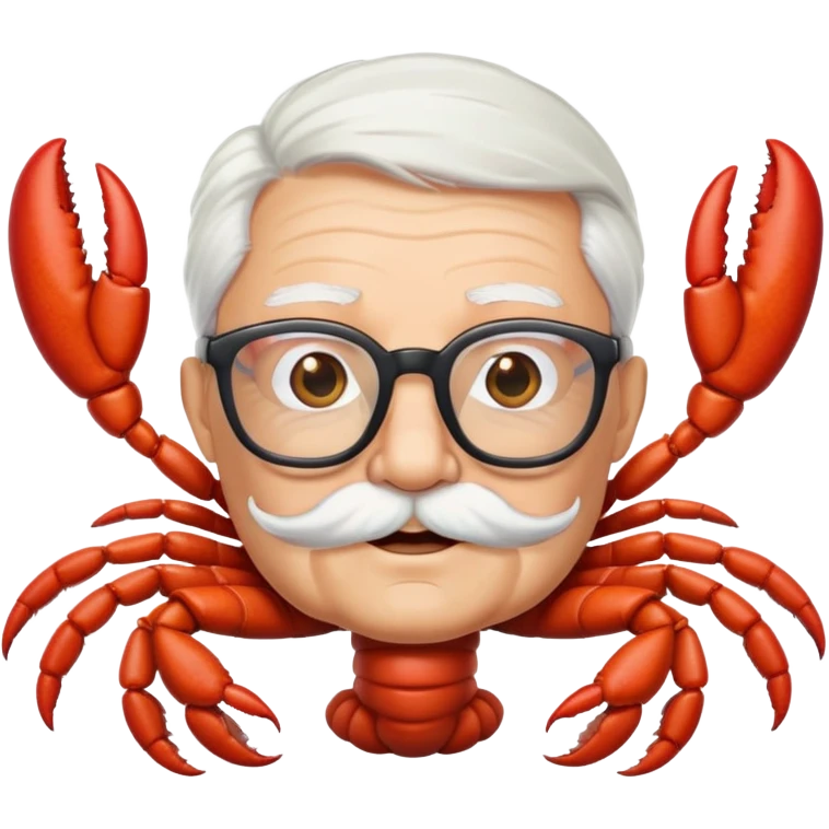 senior lobster with white hair and glasses, elderly lobster character with white eyebrows and whiskers, wearing round glasses emoji