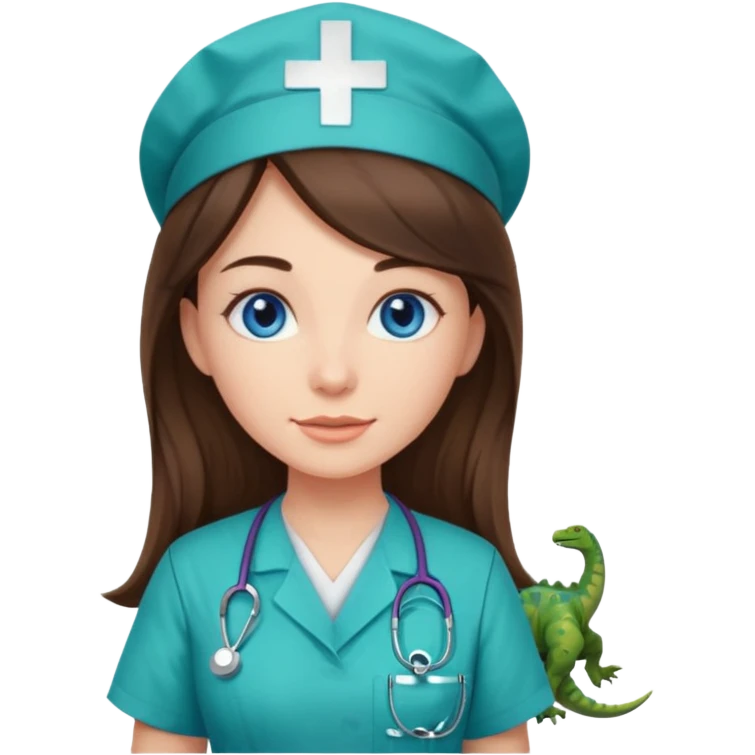 pretty brunette nurse with long hair and blue eyes in dinosaur pattern scrubs emoji