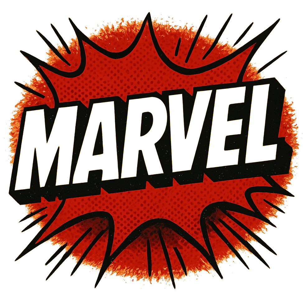 logo inspired by Marvel, dynamic red background, white bold text, energetic comic feel emoji