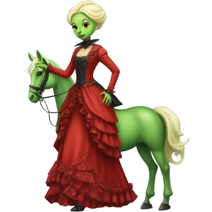 "galora green blonde alien woman" in red Victorian dress elegant, full body, winged horse emoji