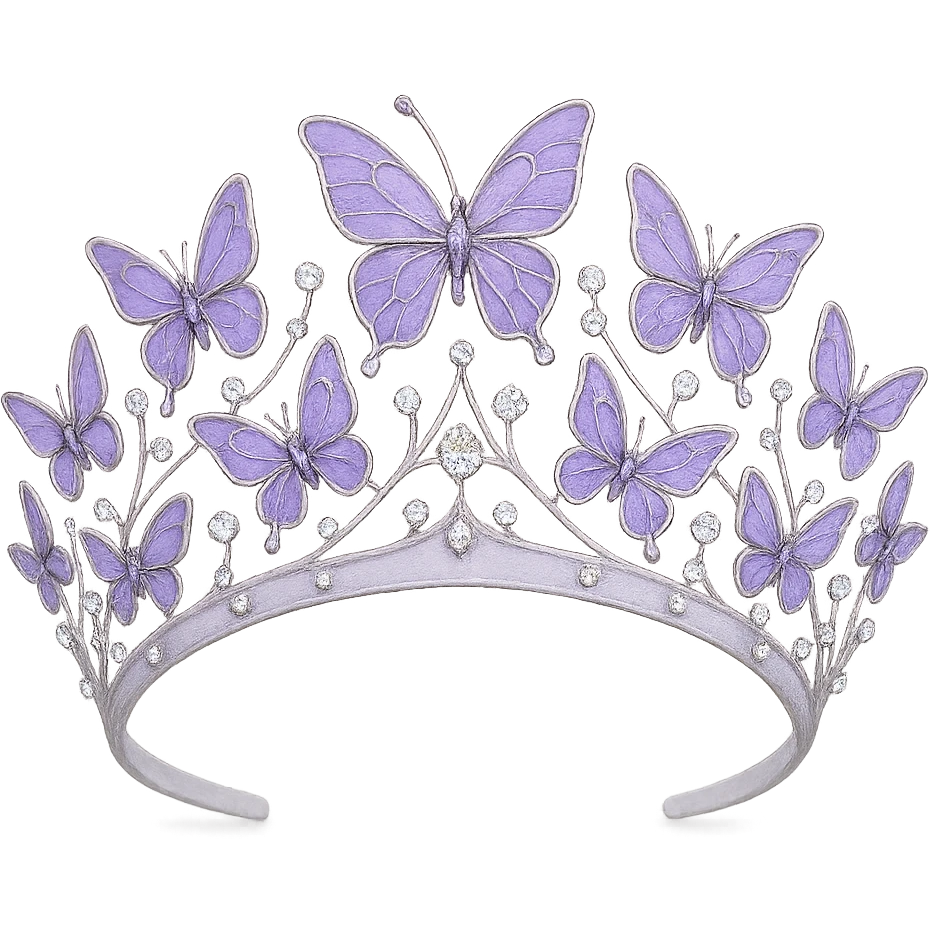 butterfly crown with a frosted lavender base, butterflies in light and medium purple enamel, sparkling gems emoji