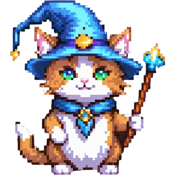wizard cat with a pointy hat and magic wand emoji