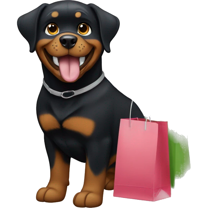 Pretty happy rottweiler girl with shopping bags. The bags say “fressnapf” emoji