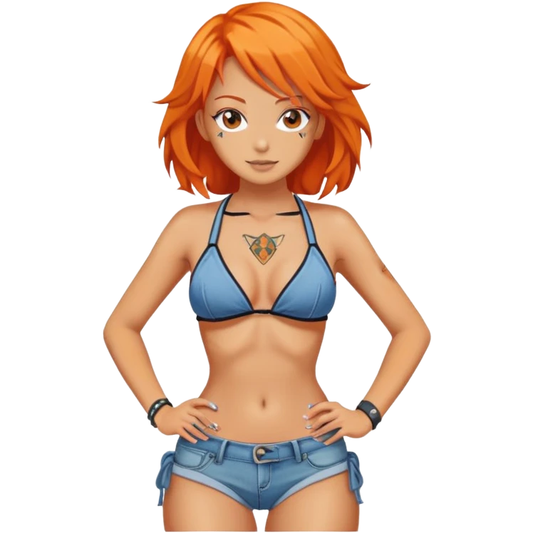 Nami with orange hair, wearing bikini top and jeans, with navigation tattoo emoji