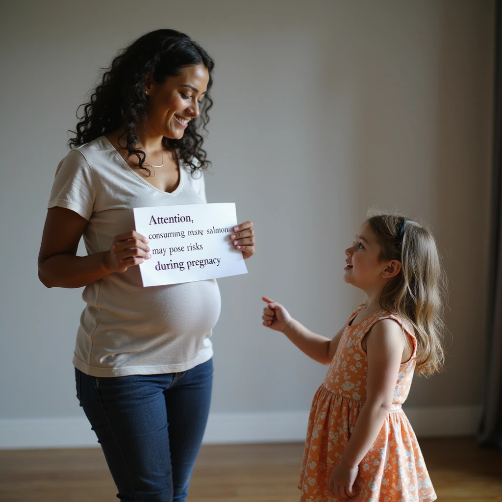 realistic pregnant woman in 4K showing a sign to a little girl and explaining: 'Attention, consuming raw salmon may pose risks during pregnancy' emoji