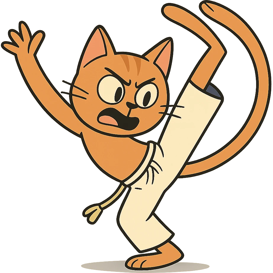 flat toon style cat doing capoeira, energetic pose emoji