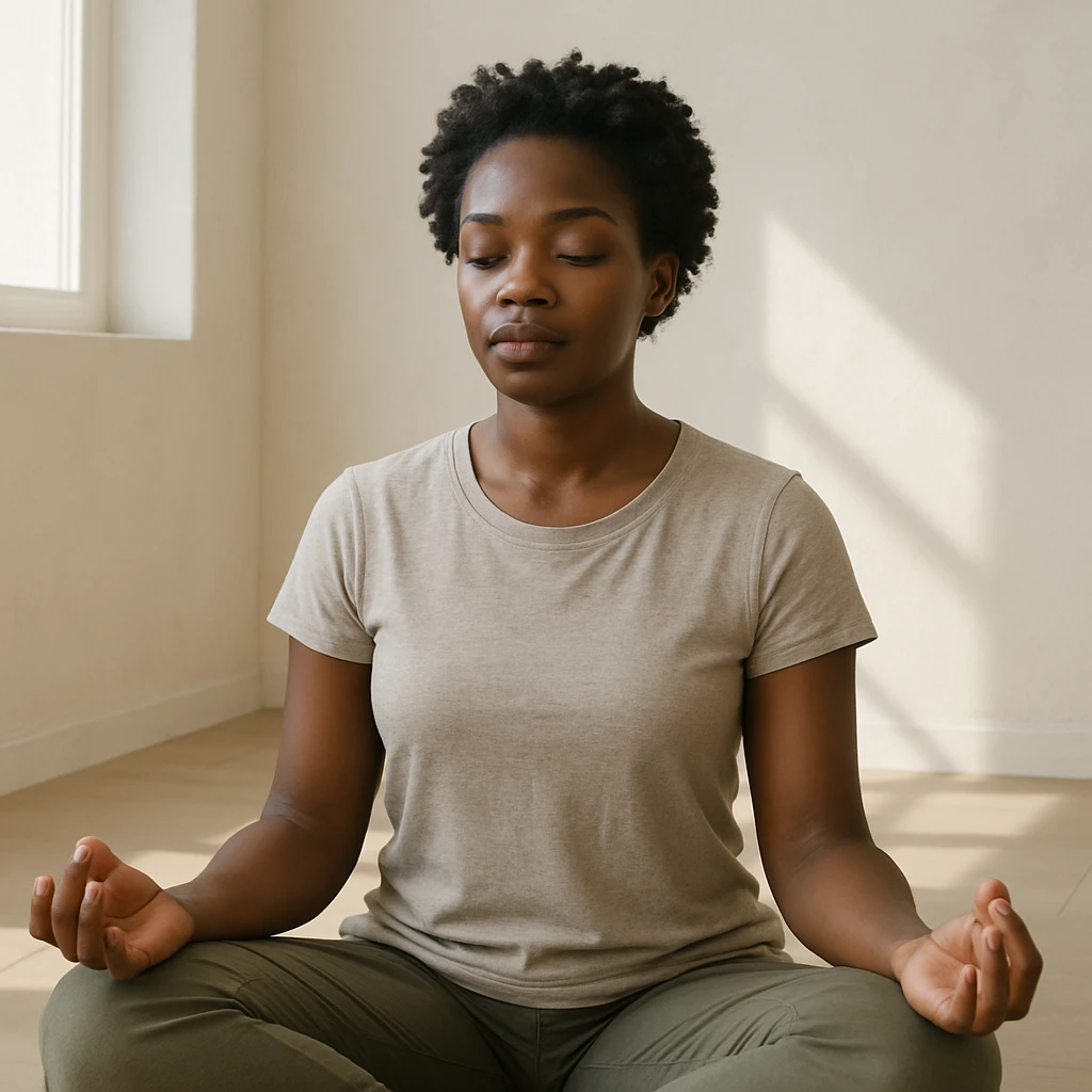 realistic style portrait of a black woman meditating, in a minimalist interior with natural light emoji