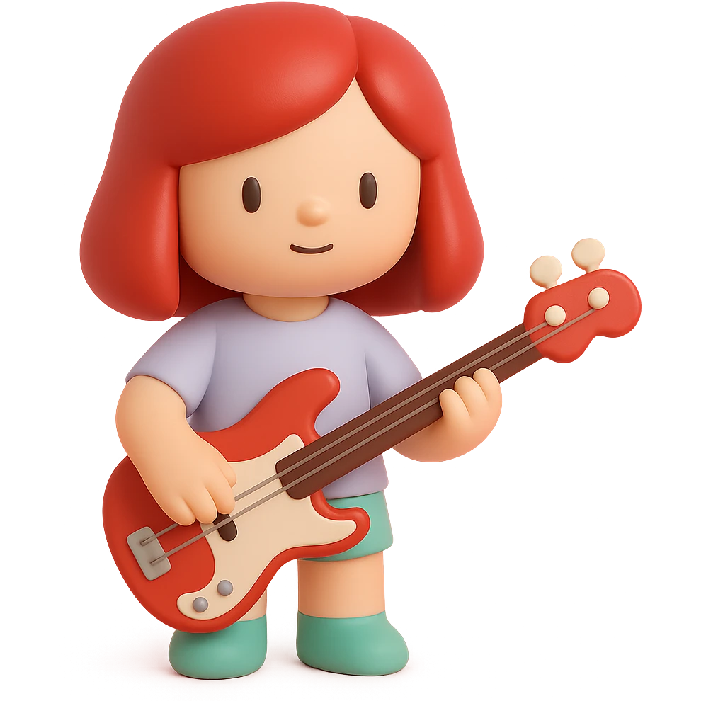 girl with red hair and red bass guitar, long bob hairstyle emoji