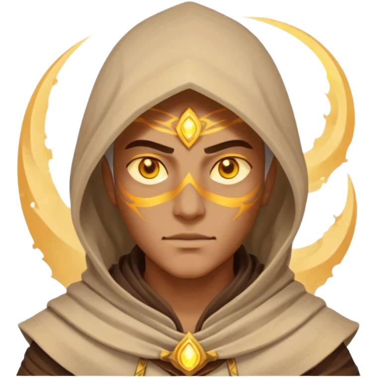 desert sand mage portrait, head and shoulders only, mystical hood, swirling sand aura, glowing eyes, fantasy vibe, 3D cartoon, mobile game icon style, clean background, no text, no watermark
 emoji
