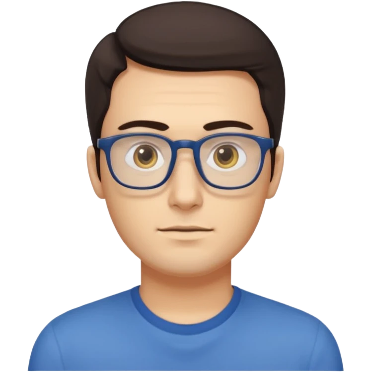 a young man around 30 years old, dark brown eyes, with dark brown hair, longer rectangular face, longer jaw, light yellow skin color, small eyes with rectangle shape glasses, without beard, no forehead wrinkles, wear deep blue shirt emoji