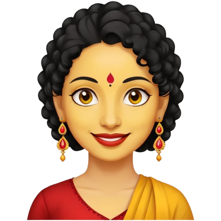 "- Phụ nữ
- 35 tuổi
- Da vàng
- Tóc đen xoăn nhẹ
- Có chấm đỏ Bindi, đeo khuyên tai
- Mặt cười
" emoji