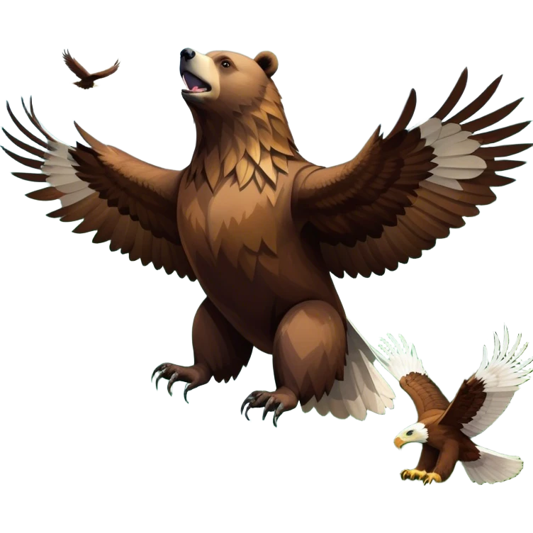 Collage of wild animals: a majestic bear in a lush green forest, a soaring eagle in the sky. A vibrant and detailed nature scene, capturing the beauty of wildlife. Transparent background. emoji