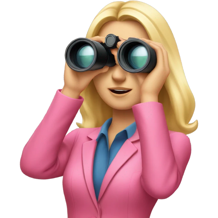 white female employee with pretty face and loose blonde hair wearing intensive color pink suit looking in binoculars. Upper-body only. emoji