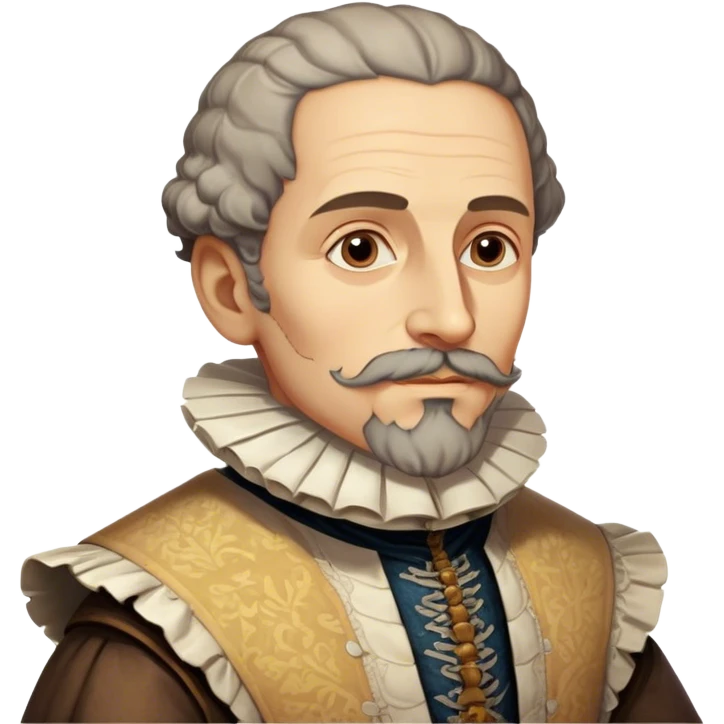 Cinematic Realistic Miguel de Cervantes Portrait Emoji, depicted as a wise thoughtful literary figure in period attire with a reflective gaze, rendered with detailed textures and soft historical lighting that captures his enduring literary legacy. emoji