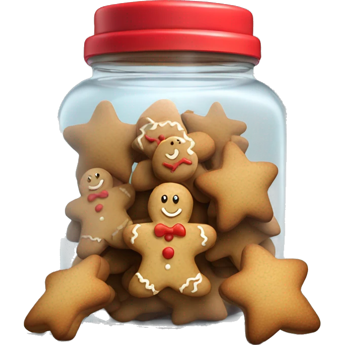 Realistic glass cookie jar with red lid full of star shaped gingerbread cookies isolated. emoji